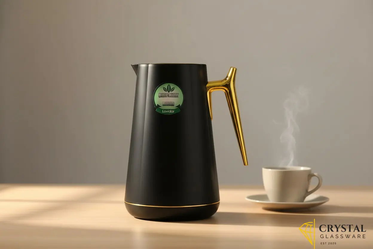 Lavidar branded thermos flask in black matte exterior with a luxurious gold handle and lid